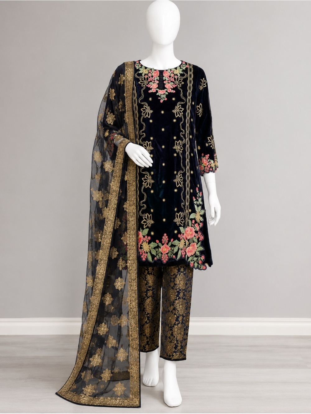 Embroidered Black Velvet Floral Tunic Set